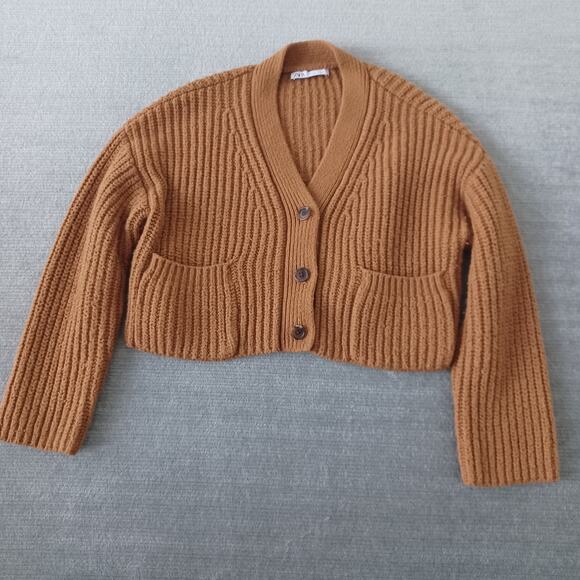Zara Sweater Cardigan M Brown Knit V Neck Clean Girl Minimal Chunky Casual - Picture 7 of 7